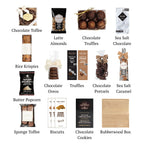 Flat lay of Chocolate Box (L), showing all 13 items included in the box, including the Chocolate Toffee Treats, Buttery Cookies and container.