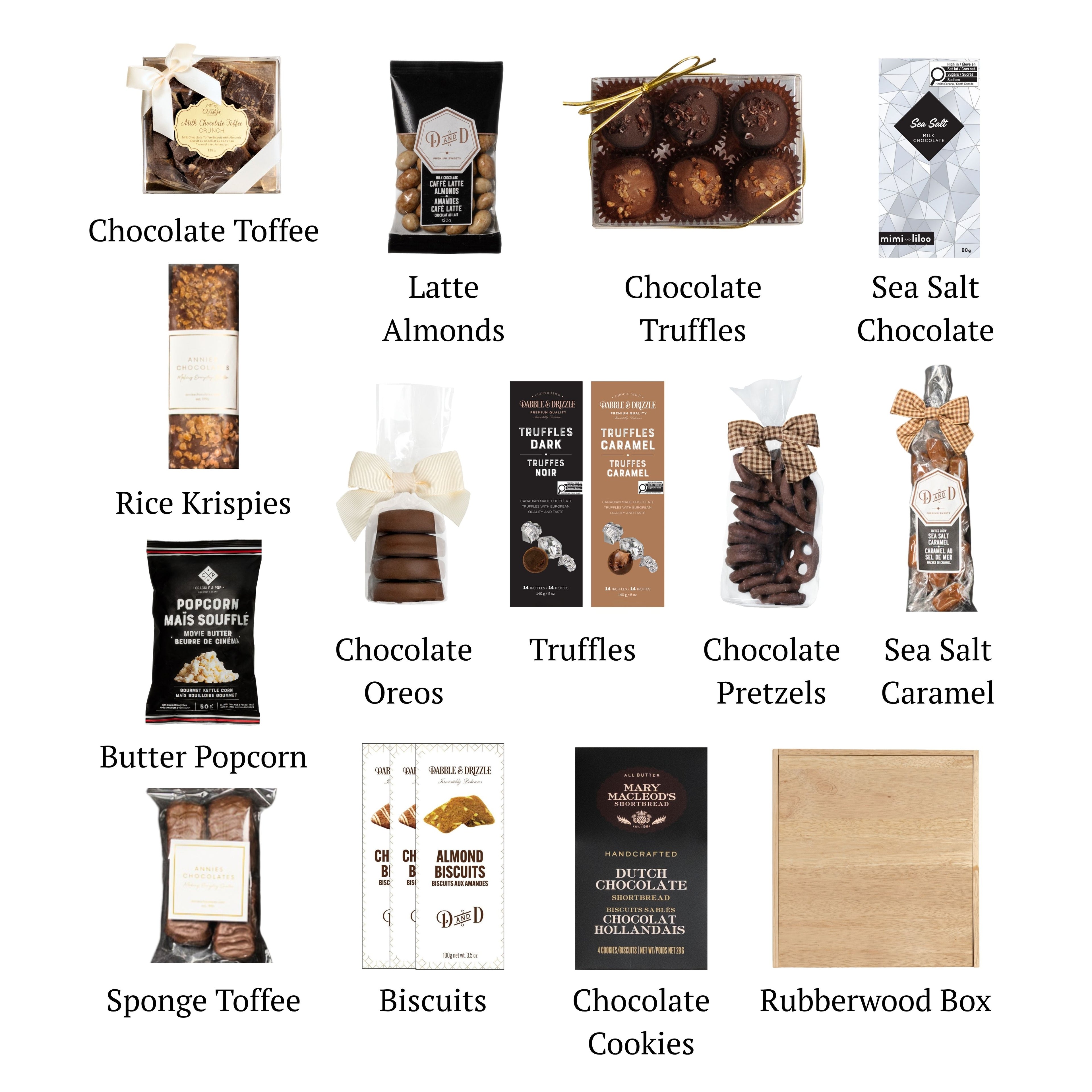 Flat lay of Chocolate Box (L), showing all 13 items included in the box, including the Chocolate Toffee Treats, Buttery Cookies and container.