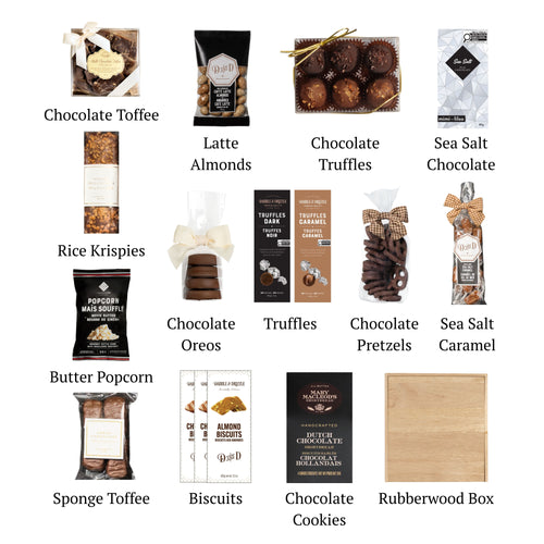 Flat lay of Chocolate Box (L), showing all 13 items included in the box, including the Chocolate Toffee Treats, Buttery Cookies and container.