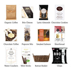 Flat lay of Forest Hill showing all 11 items included in the basket, including the  Butterscotch Shorts,Caffè Latte Almonds and Handwoven Rattan Basket