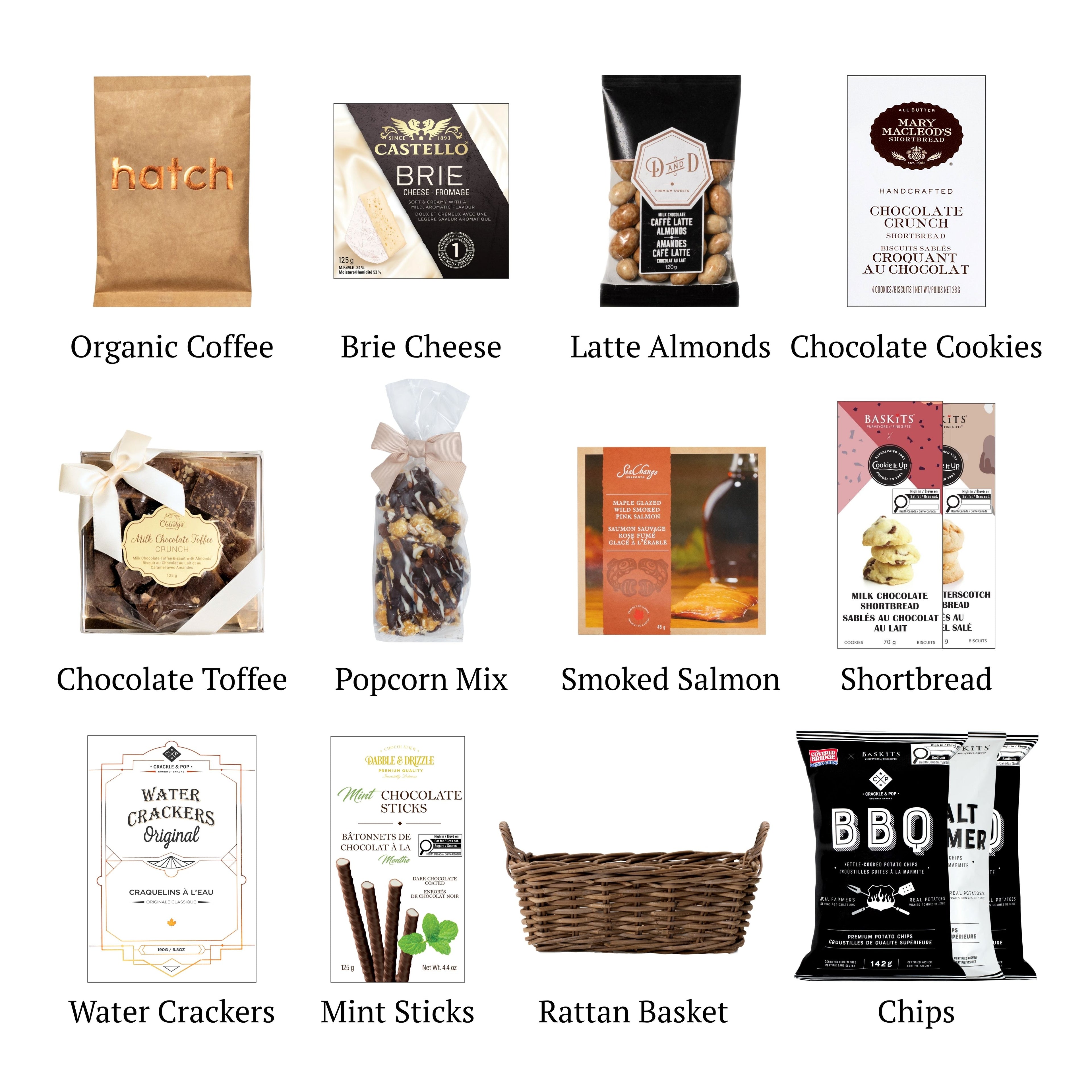 Flat lay of Forest Hill showing all 11 items included in the basket, including the  Butterscotch Shorts,Caffè Latte Almonds and Handwoven Rattan Basket
