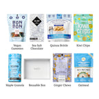 Flat lay of Goodbye Gluten, showing all 7 items included in the box, including the Chiwis Tropical Kiwi,Gem Gem's Ginger Candies and container.