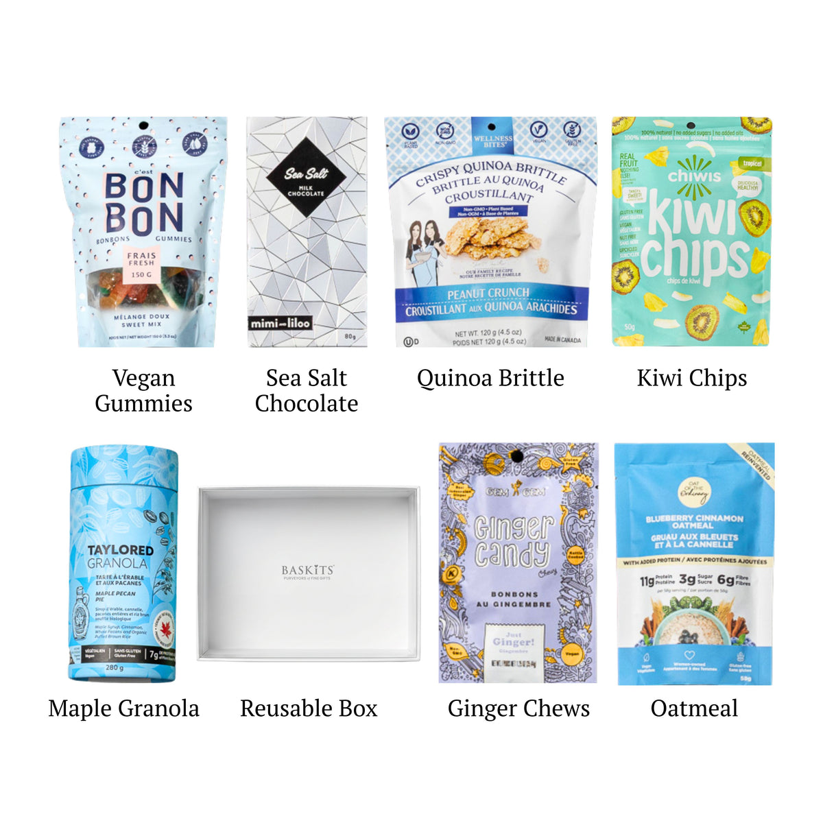 Flat lay of Goodbye Gluten, showing all 7 items included in the box, including the Chiwis Tropical Kiwi,Gem Gem's Ginger Candies and container.