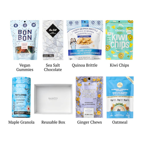Flat lay of Goodbye Gluten, showing all 7 items included in the box, including the Chiwis Tropical Kiwi,Gem Gem's Ginger Candies and container.