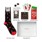 Flat lay of Hot Stuff, showing all 5 items included in the box, including the LEGO Cufflinks, Hot Sauce Socks and container.