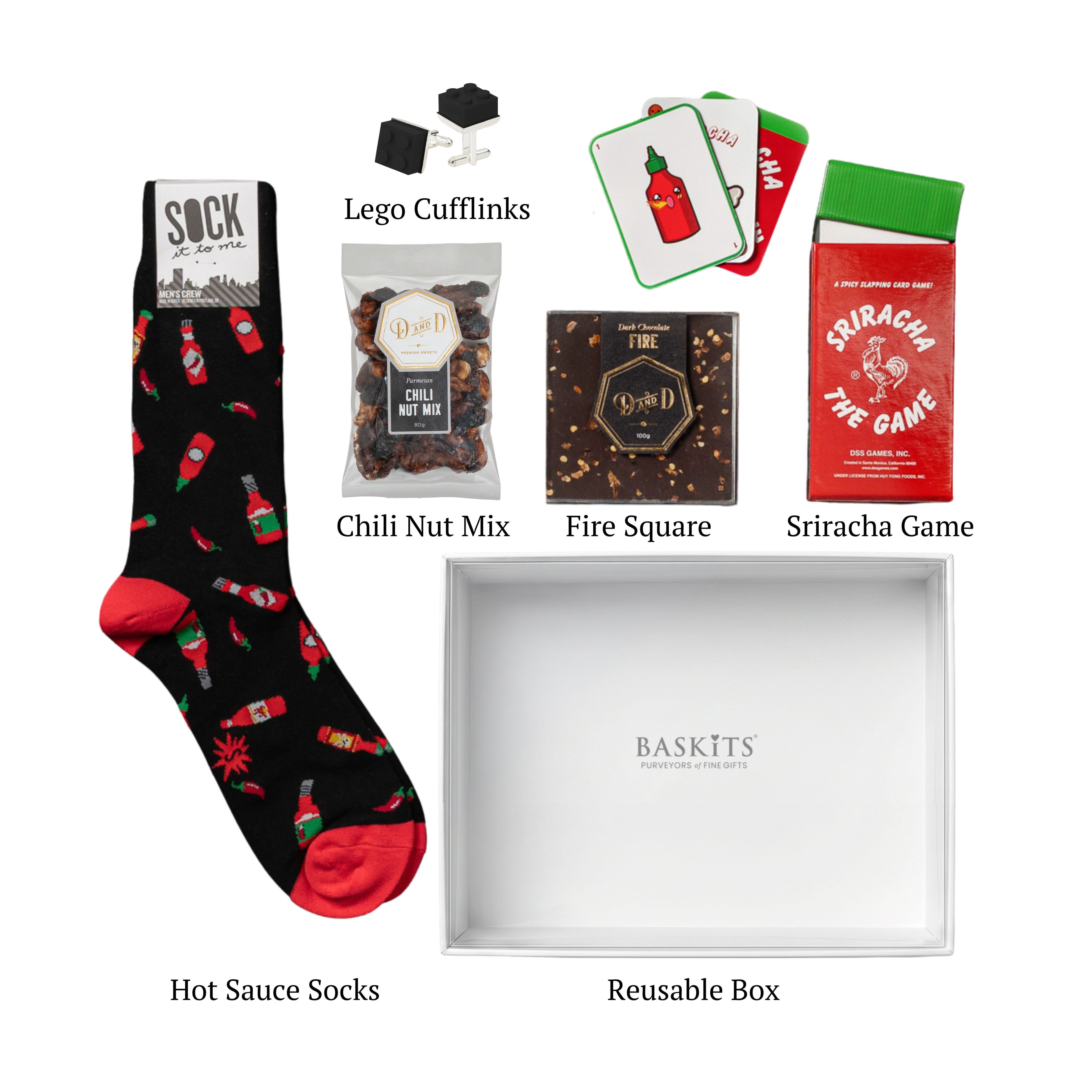 Flat lay of Hot Stuff, showing all 5 items included in the box, including the LEGO Cufflinks, Hot Sauce Socks and container.