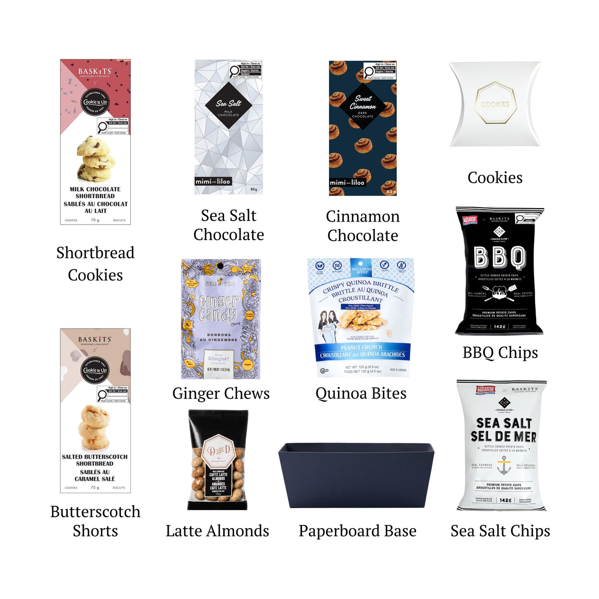 Flat lay of Kosher L, showing all 10 items included in the basket, including the Chocolate Chip Shortbread, Salted Butterscotch Shorts  and base.