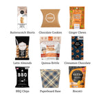 Flat lay of Kosher M, showing all 8 items included in the basket, including the Latte Almonds, Ginger Chews and base.