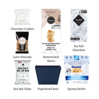 Flat lay of Kosher S, showing all 6 items included in the Box, including the Latte Almonds, Sea Salt Chocolate and  Paperboard Gift Base.