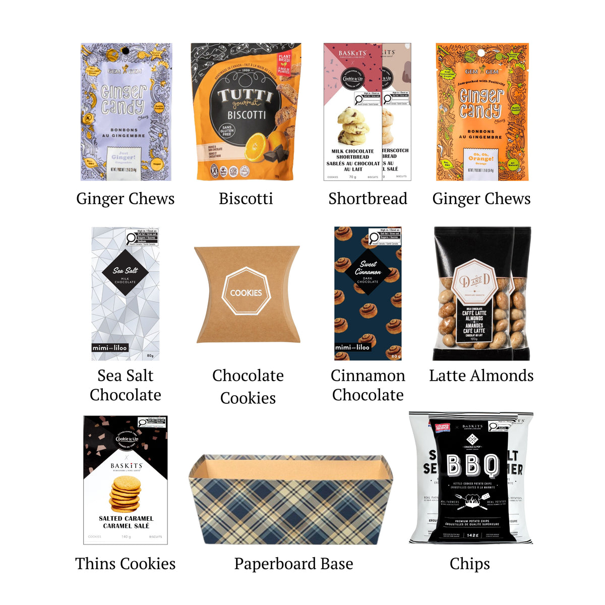 Flat lay of Kosher XL, showing all 10 items included in the basket, including the Salted Caramel Thin & Crisp, Chocolate Chip Shortbread  and base.