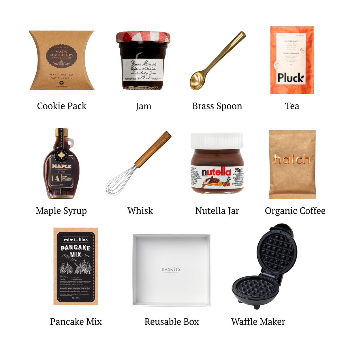 Flat lay of Let's Do Brunch, showing all 10 items included in the box, including the Bonne Maman Strawberry Jam, Nutella Hazelnut Spread and base.