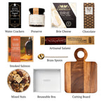 Flat lay of Not Too Sweet, showing all 9 items included in the box, including the Glazed Smoked Salmon,Artisanal Handcrafted Salami and container.