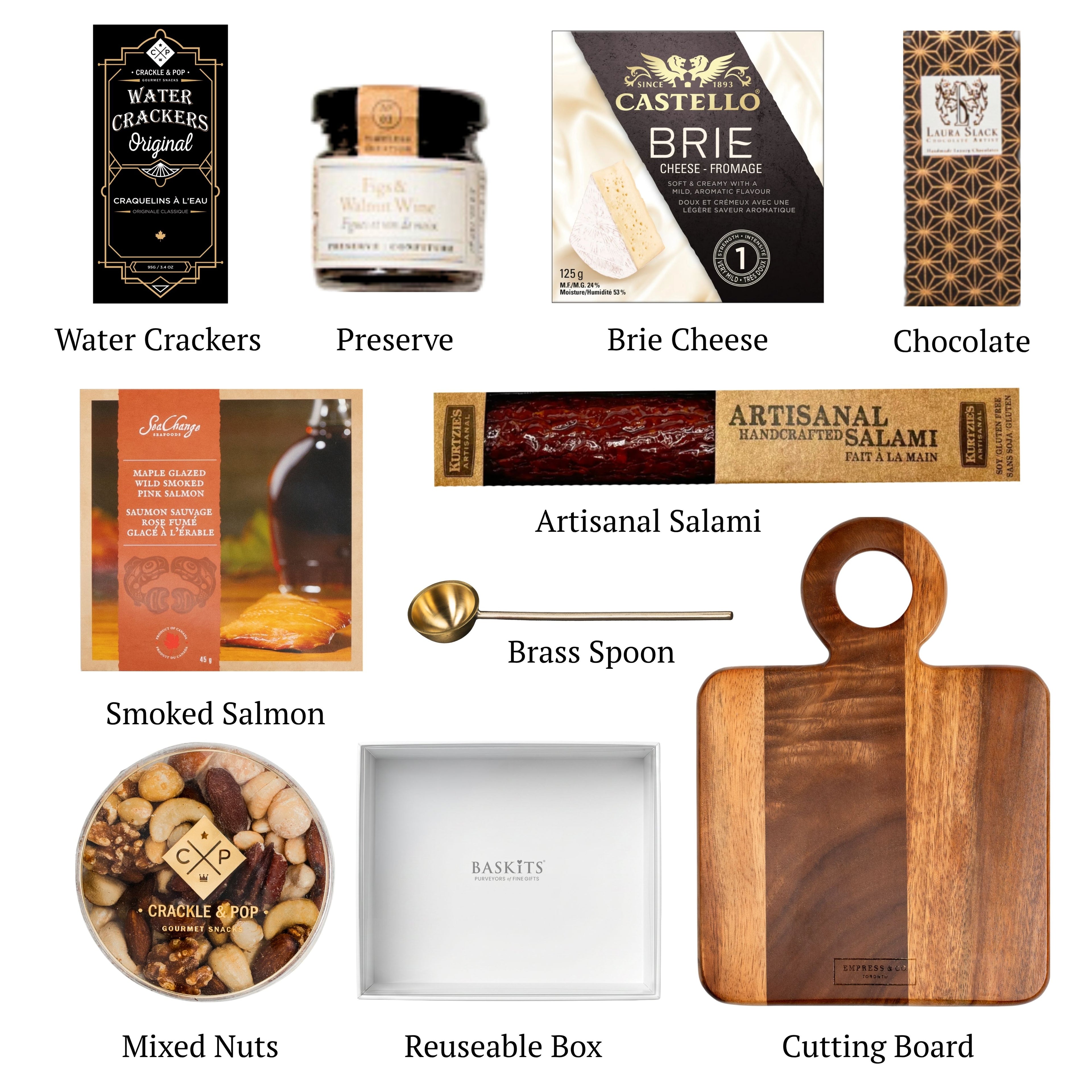 Flat lay of Not Too Sweet, showing all 9 items included in the box, including the Glazed Smoked Salmon,Artisanal Handcrafted Salami and container.