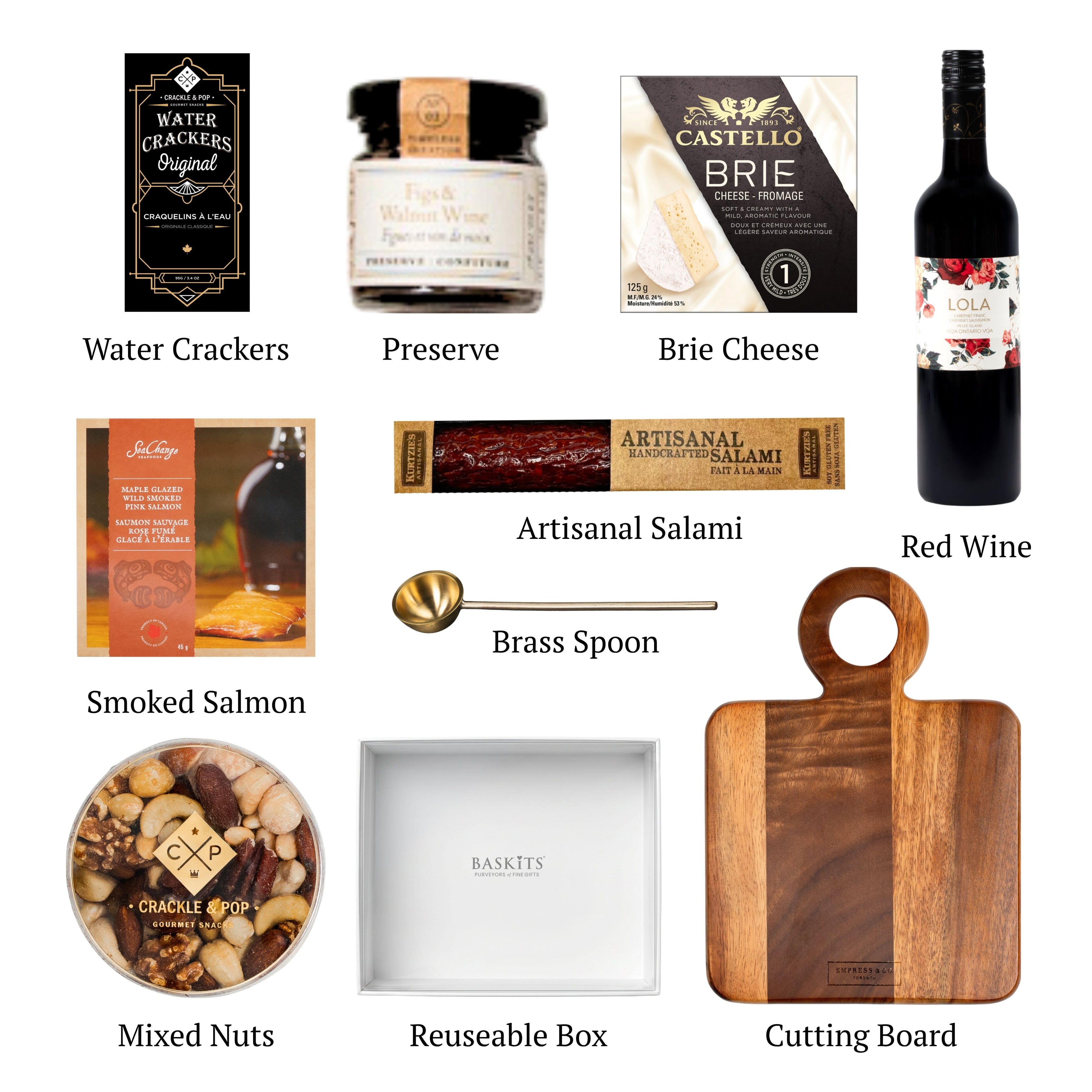 Flat lay of Not Too Sweet (Red), showing all 9 items included in the box, including the Cabernet Sauvignon VQA Red Wine, Fancy Nut Mix and base..