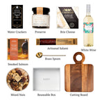 Flat lay of Not Too Sweet (White), showing all 8 items included in the box, including the Castello Brie Cheese, Lola Pinot Grigio  and container.