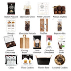 Flat lay of Tribeca, showing all 16 items included in the basket, including theButter Almond Biscuits, Caramel Chocolate Truffles and base.