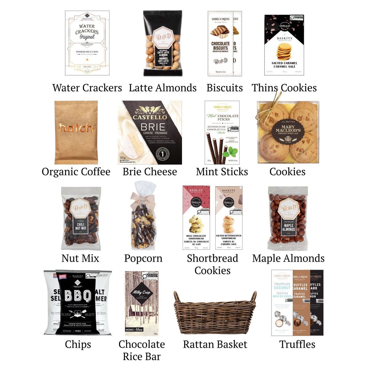 Flat lay of University, showing all 15 items included in the basket, including the Maple Almonds & Shortbread  and Straw base.