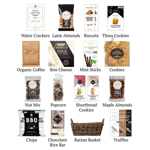 Flat lay of University, showing all 15 items included in the basket, including the Maple Almonds & Shortbread  and Straw base.