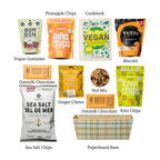 Flat lay of Vegan, showing all 10 items included in the base. Including the Chiwis Tropical Kiwi, Crackle & Pop Fancy Nut Mix and basket.