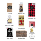 Flat lay of Canadiana L, showing all 7 items included in the box, including the Chocolate Toffee Crunch,Smokin’ Sweet BBQ Chips and Rustic Birch Wooden Crate.