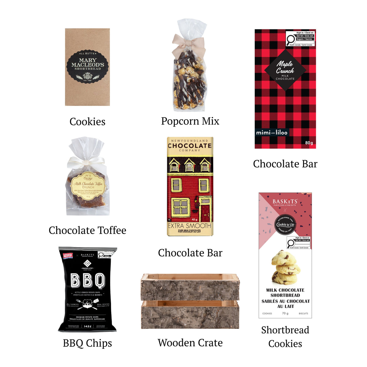 Flat lay of Canadiana L, showing all 7 items included in the box, including the Chocolate Toffee Crunch,Smokin’ Sweet BBQ Chips and Rustic Birch Wooden Crate.