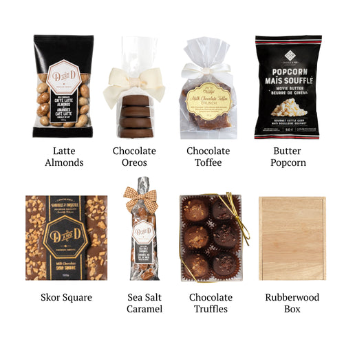 Flat lay of Chocolate Box (S), showing all 7 items included in the box, including the Sea Salt Carmel, Butter Popcorn and container.