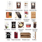 Flat lay of Eastwood, showing all 15 items included in the wooden crate including the Almond Biscuits,Chili Nut Mix and base.