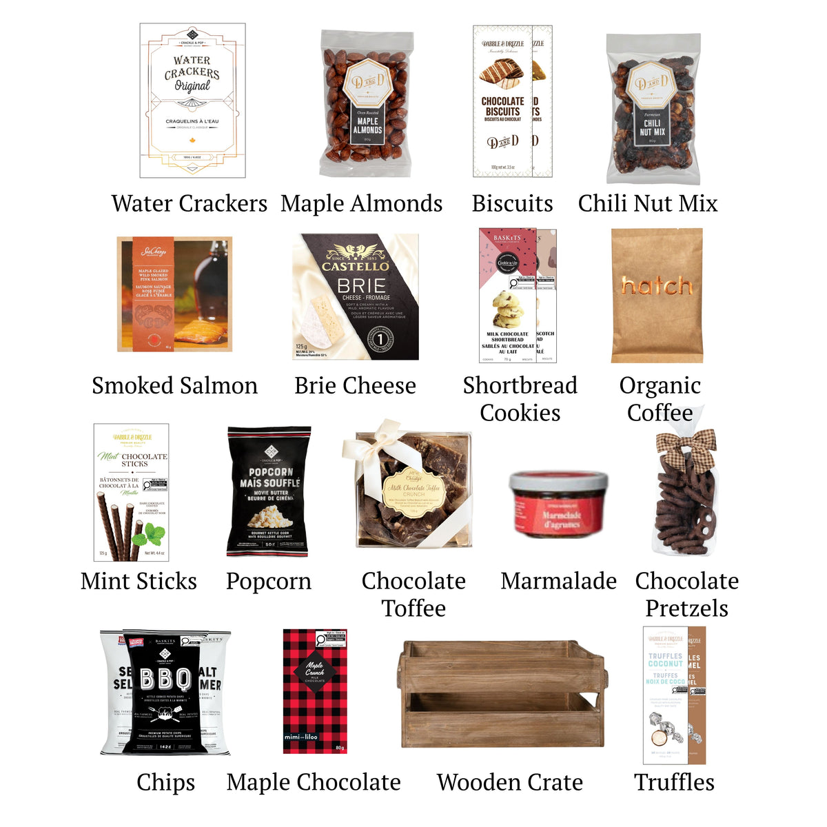 Flat lay of Eastwood, showing all 15 items included in the wooden crate including the Almond Biscuits,Chili Nut Mix and base.