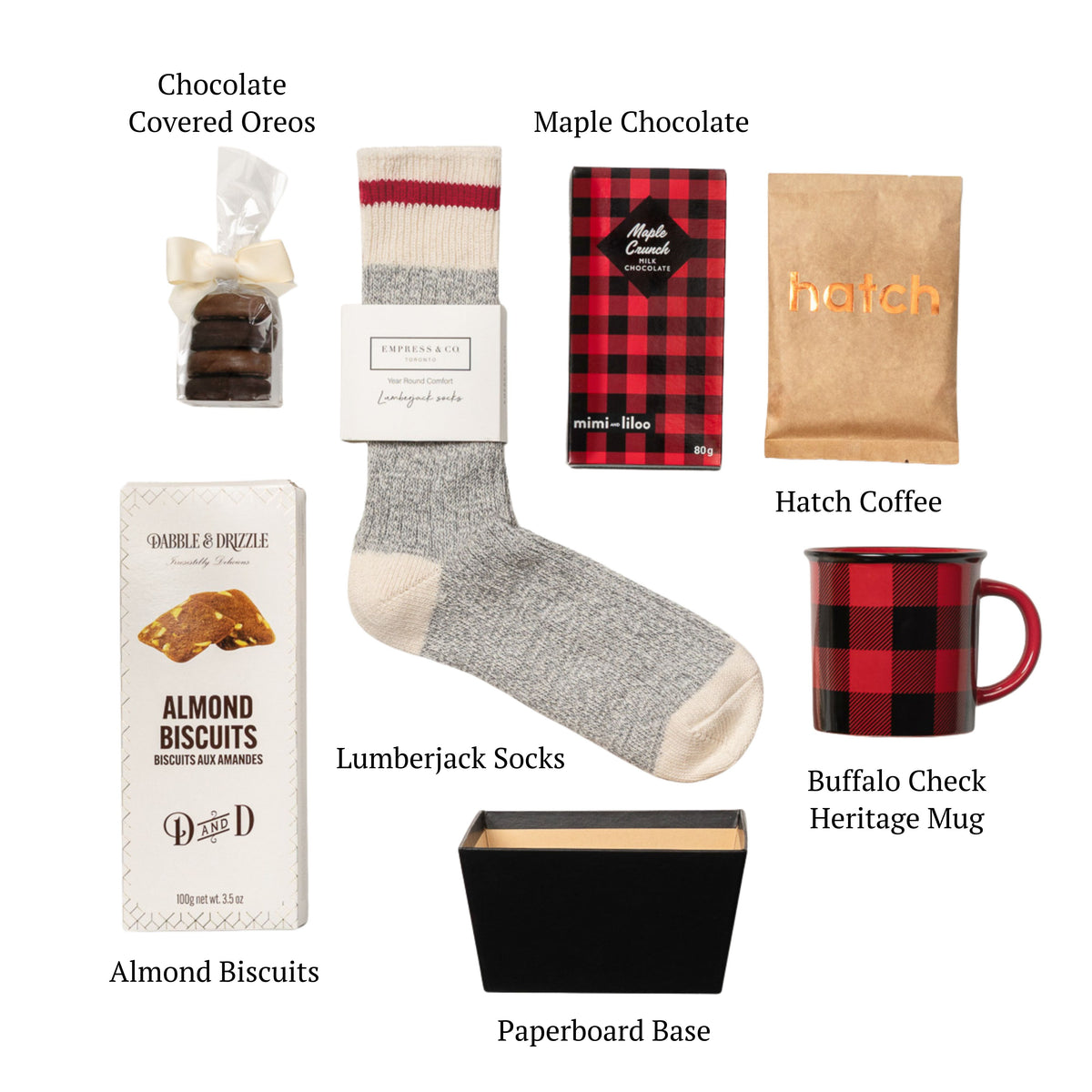 Flat lay of Just For You, showing all 6 items included in the box, including theHatch Brazil Coffee, Buffalo Check Heritage Mug and base.