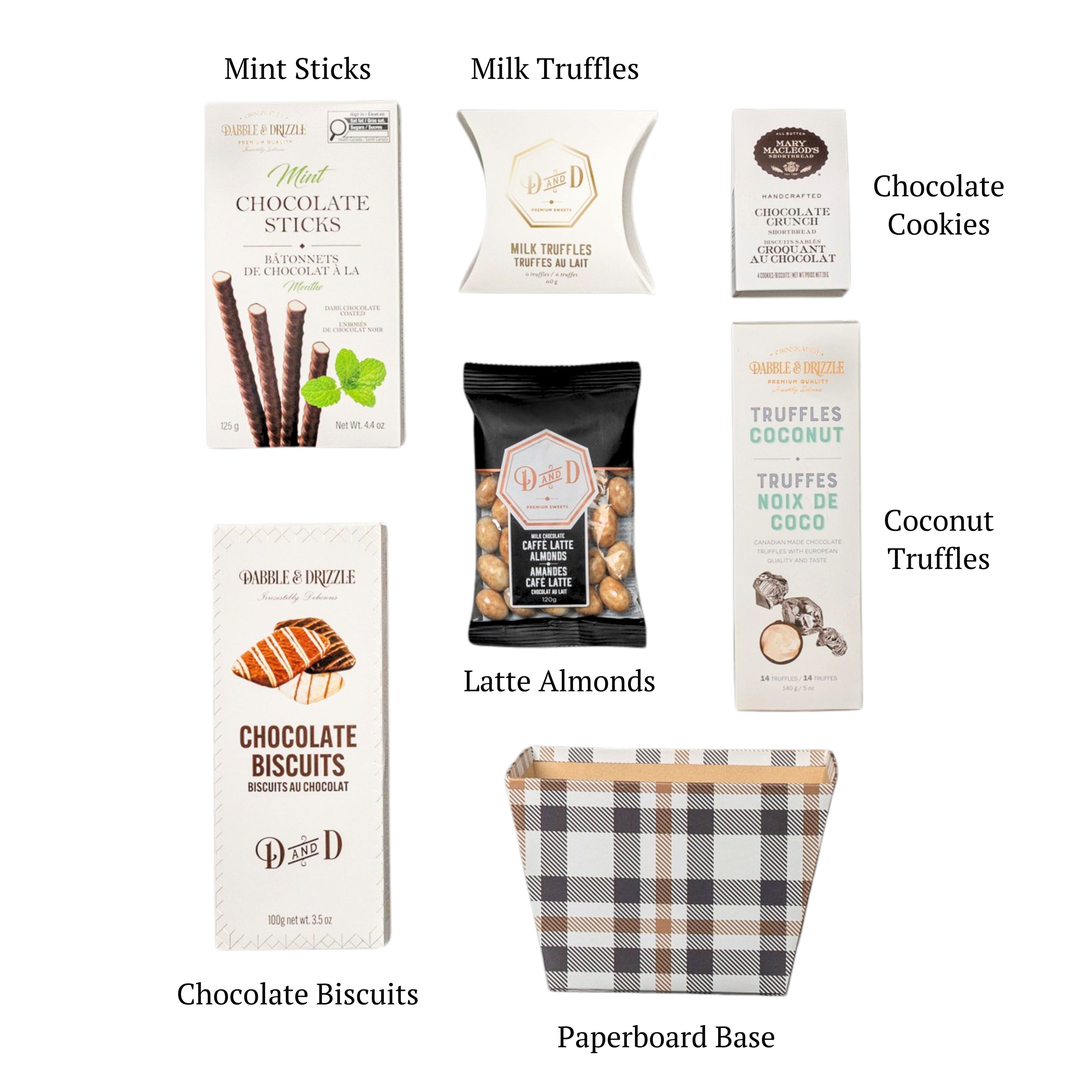 Flat lay of the Richmond, showing all 7 items included in the basket, including Mint Sticks, Dabble & Drizzle Latte Almonds and a paperboard base.