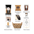 Flat lay of Stratford, showing all 8 items included in the 8, including the Caffè Latte Almonds, Castello Brie Cheese and Rattan Basket.