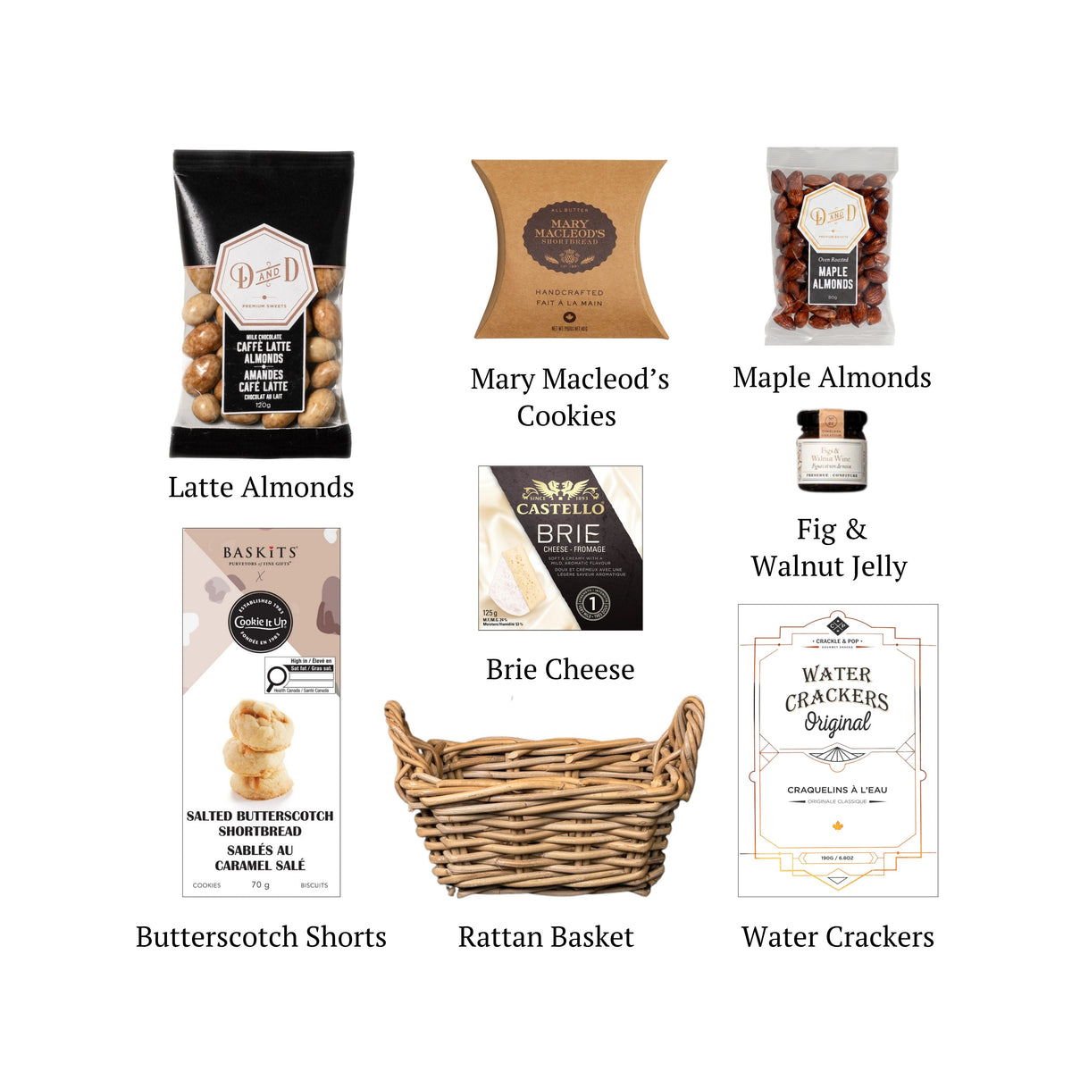 Flat lay of Stratford, showing all 8 items included in the 8, including the Caffè Latte Almonds, Castello Brie Cheese and Rattan Basket.