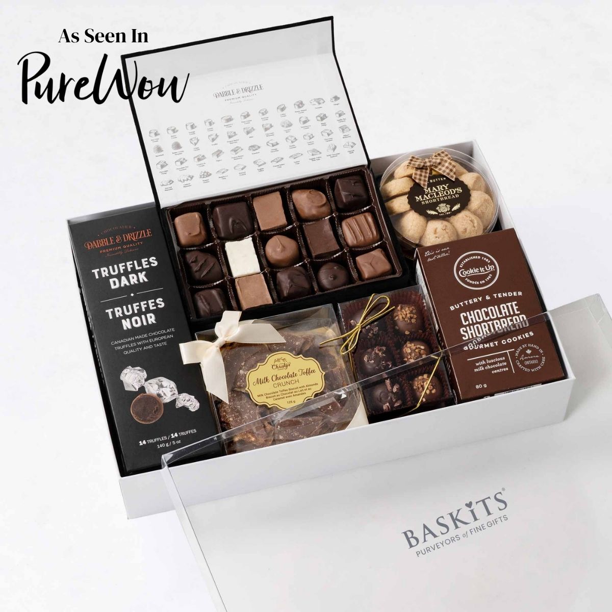 The Art of Chocolate, a gourmet gift box featuring  Dark Chocolate Truffles, Shortbread Cookies and Chocolate and Sweet Indulgence items. 