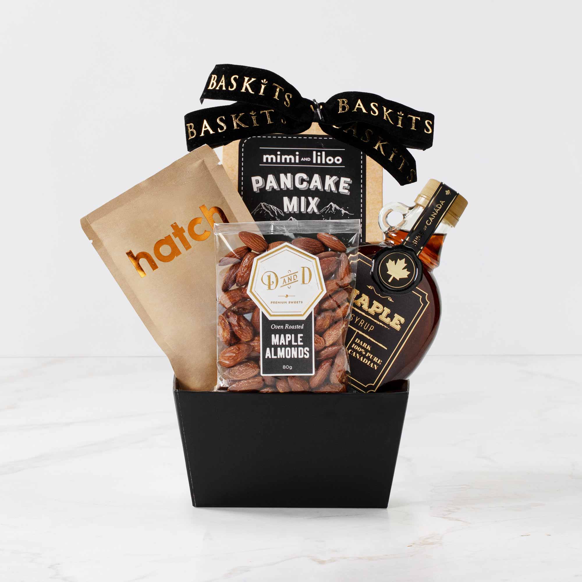 The Canadian Breakfast, a gourmet gift basket featuring Pancake Mix, Maple Almonds and Gourmet Canadian Favorite items. 
