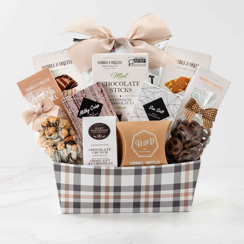 The Champlain M, a gourmet gift basket featuring Chocolate Pretzels, Truffles and Chocolate & Sweet Indulgence items. 