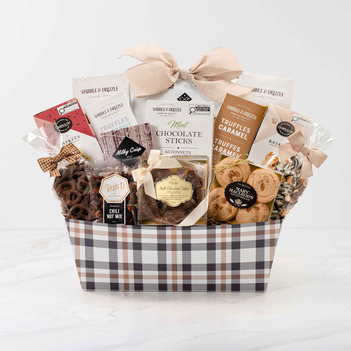 The Champlain XL, a gourmet gift basket featuring Dabble & Drizzle Truffles, Cookie It Up Cookies and Chocolate & Sweet Indulgences. 