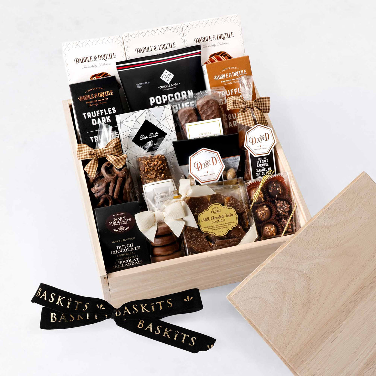 The Chocolate Box (L), a gourmet gift box featuring Chocolate Truffles, Chocolate Toffee Treats and Chocolate & Sweet Indulgence items. 