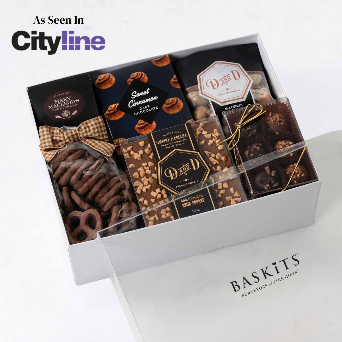 The Chocolate Delight, a gourmet gift box featuring Dabble & Drizzle Skor Square, Artisan Chocolate Truffles and Chocolate & Sweet Indulgences items. 