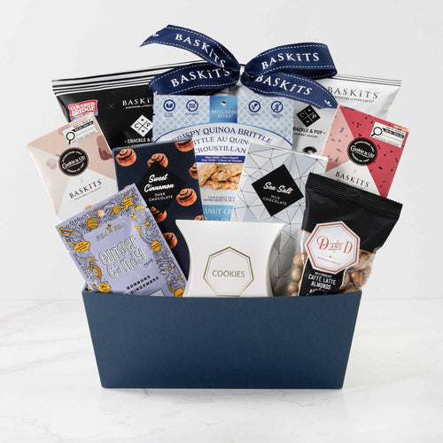 The Kosher L, a gourmet gift basket featuring Milk Chocolate Shorts, Sweet Cinnamon Chocolate Bar and Chocolate & Sweet Indulgences items. 