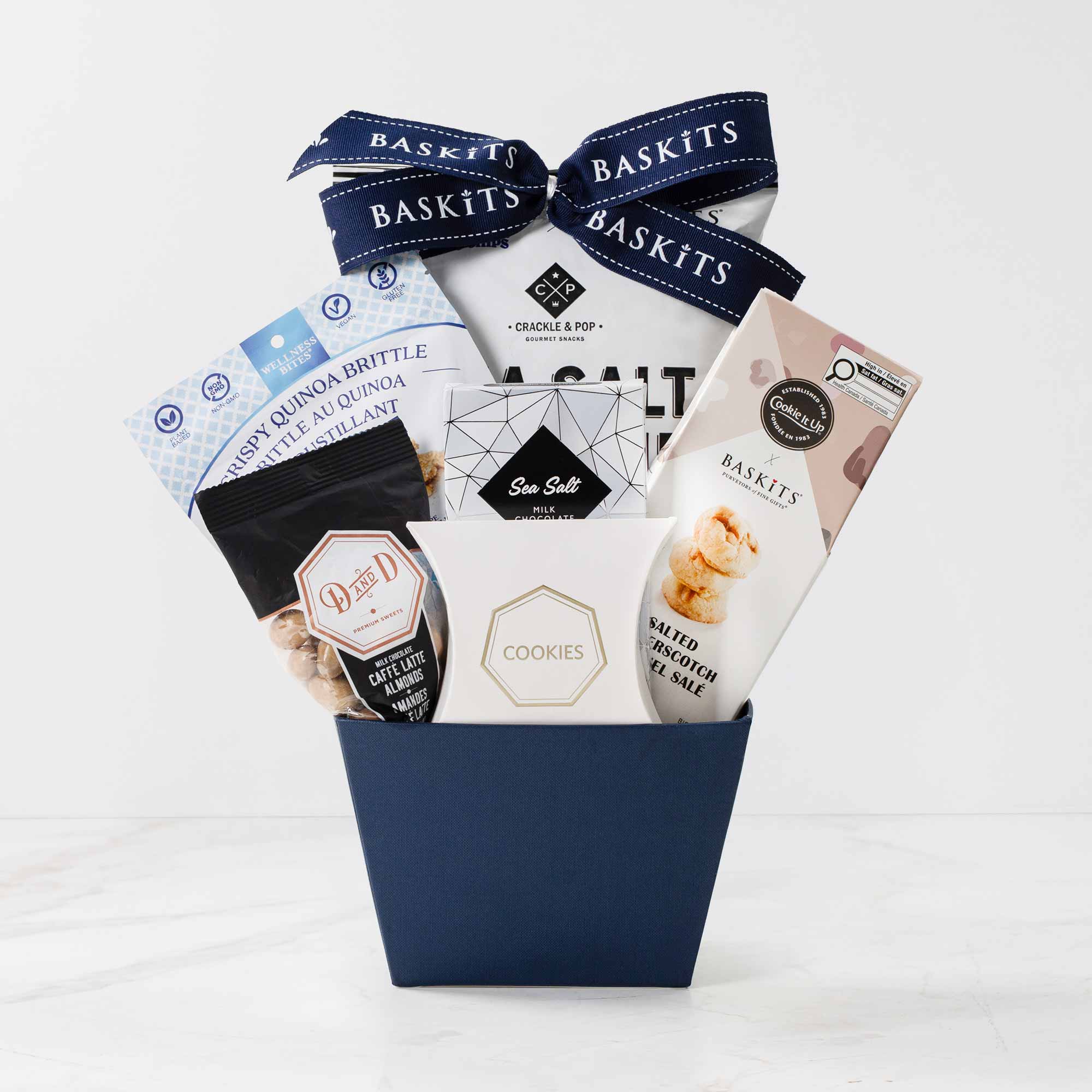 The Kosher S, a gourmet gift Box featuring Butterscotch Shorts,Quinoa Brittle and Chocolate & Sweet Indulgence items. 