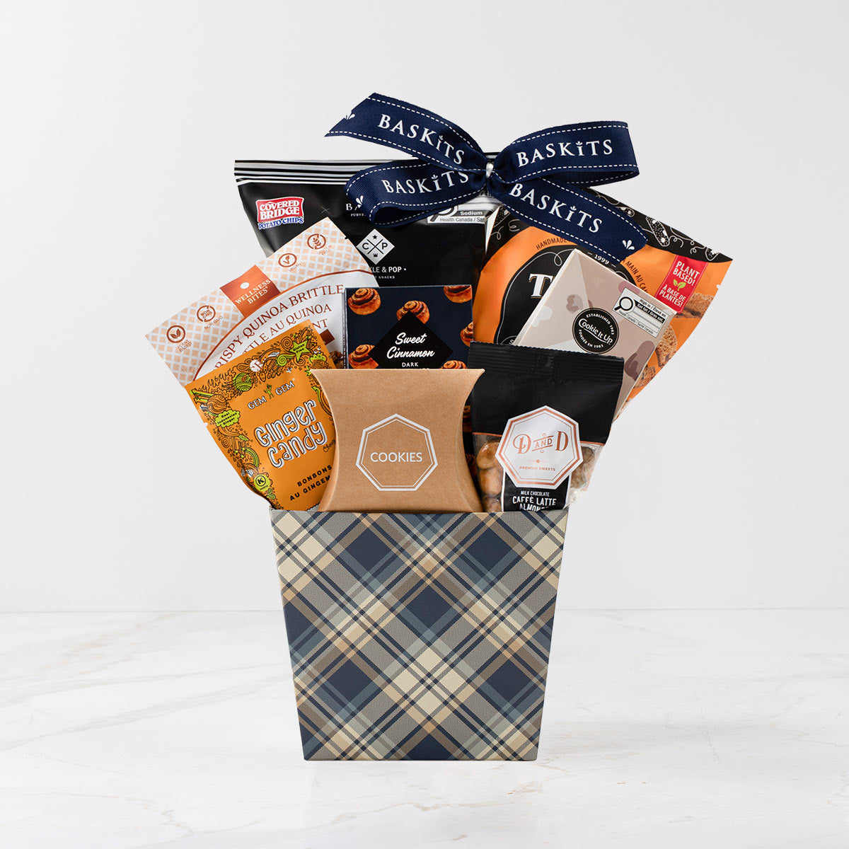 The Kosher M, a gourmet gift basket  featuring Chocolate Shorts, Orange Ginger Chews  and Chocolate & Sweet Indulgence items. 