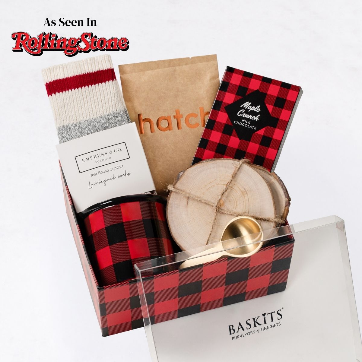 The Lumberjack, a gourmet gift box featuring Hatch Brazilian Coffee, Maple Crunch Chocolate Bar and Gourmet Treats & Sips items. 