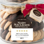 Close up of Mary Macleod's Jar (S), showing all Shortbread Cookies items included in the Glass Jar, including  Artisan Biscuits & Cookies items..