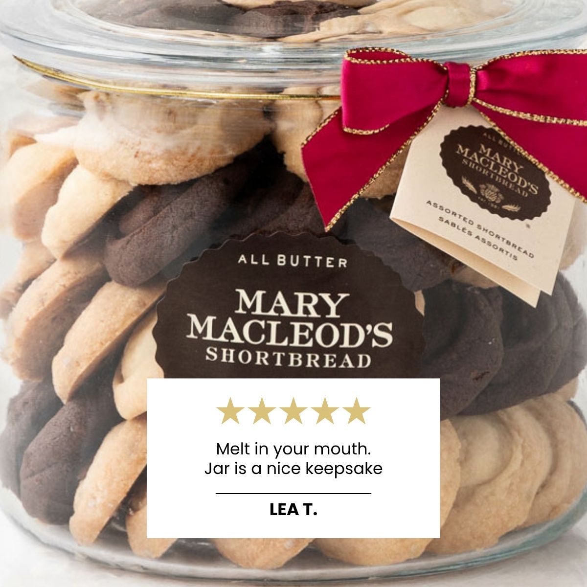 Close up of Mary Macleod's Jar (S), showing all Shortbread Cookies items included in the Glass Jar, including  Artisan Biscuits & Cookies items..