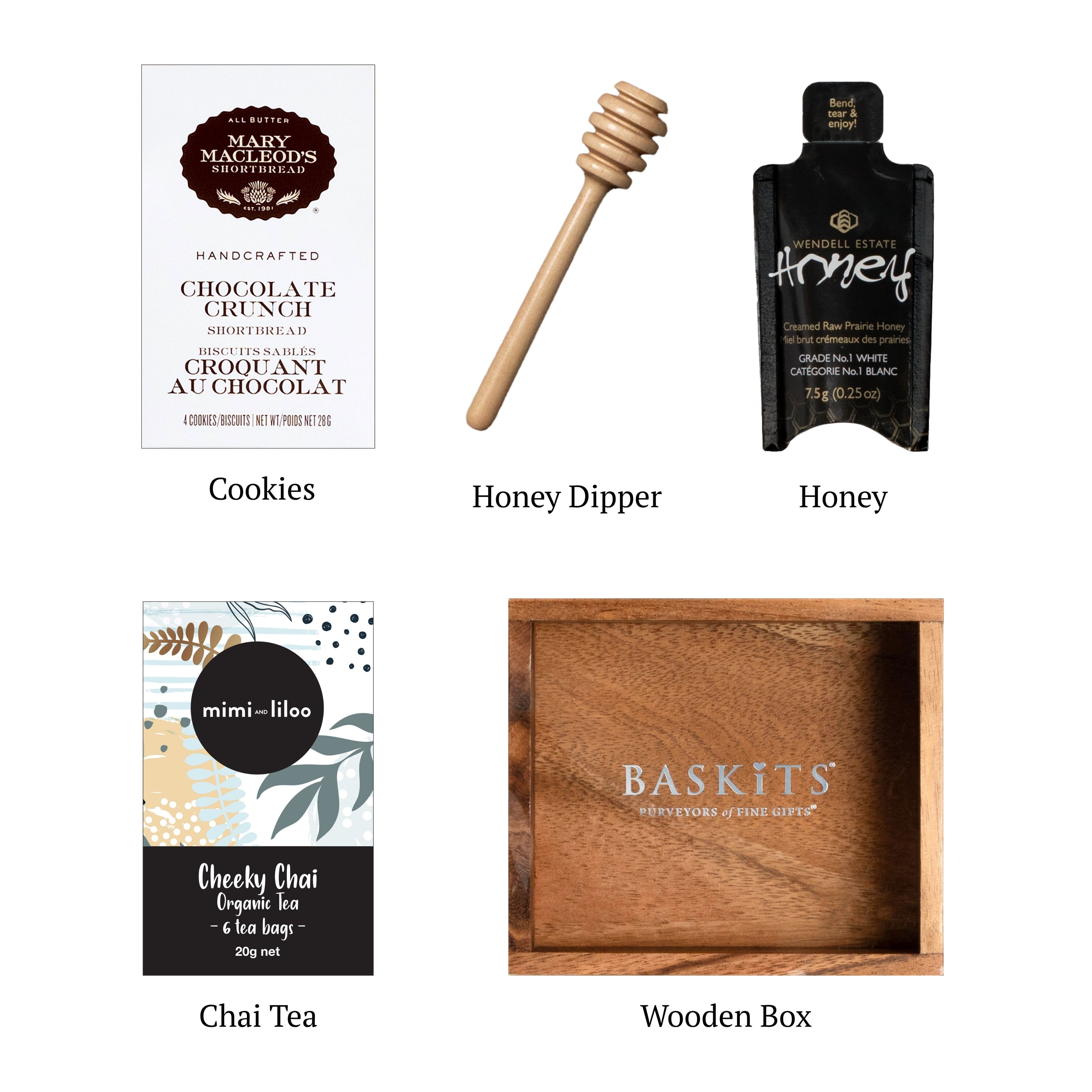 Flat lay of My Moment, showing all 4 items included in the box, including the Cheeky Chai Tea, Wooden Honey Dipper and box.