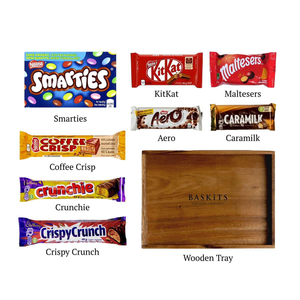 Flat lay of Sweet Treats Tray, showing all 8 items included in the box, including the Smarties Box, Caramilk Chocolate Bar and base.