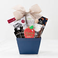Rosh Hashanah gift basket with gourmet apple chips, honey, almond and chocolate treats.