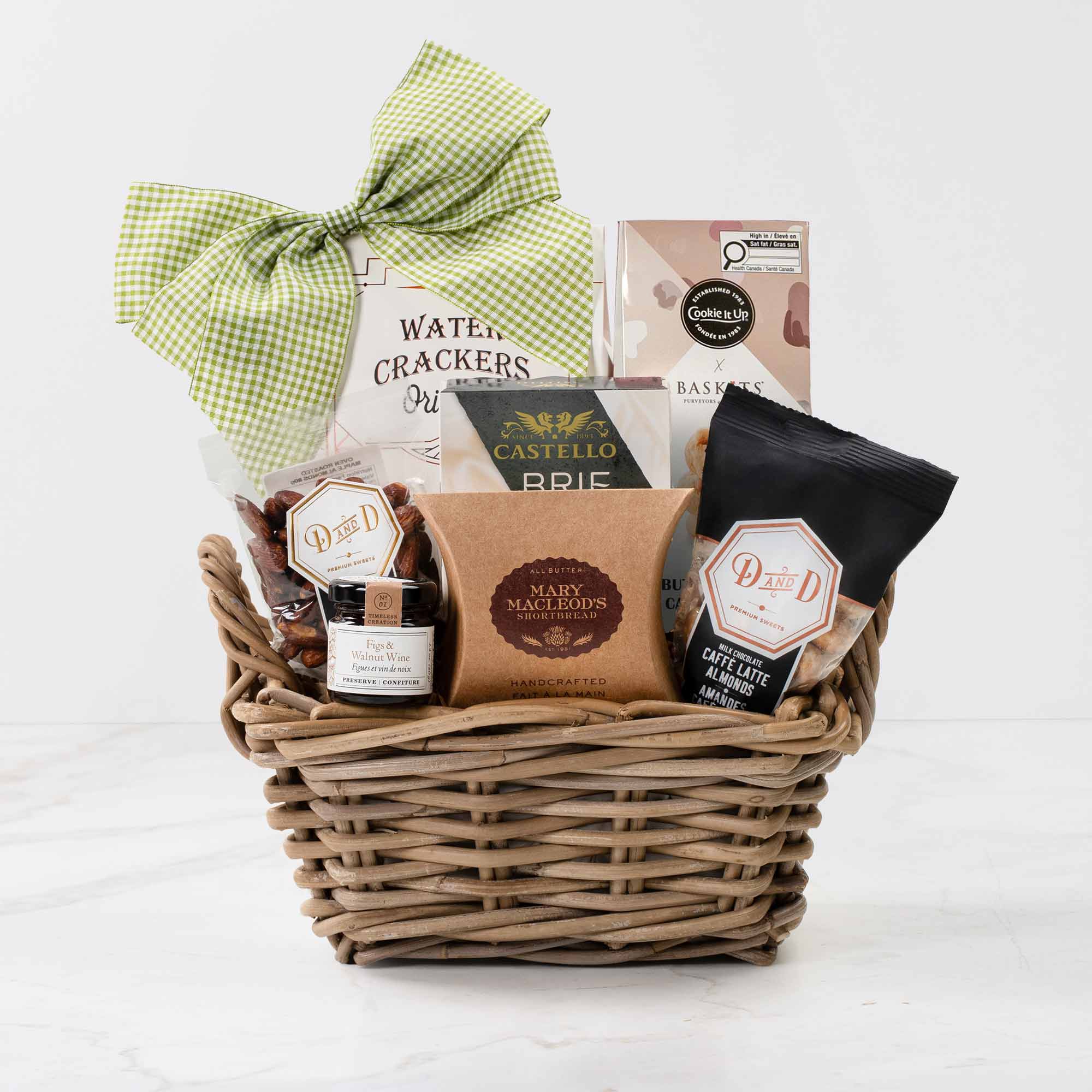 The Stratford, a gourmet gift basket featuring Butterscotch Shorts, Water Crackers and Gourmet Cheese & Charcuterie items. 