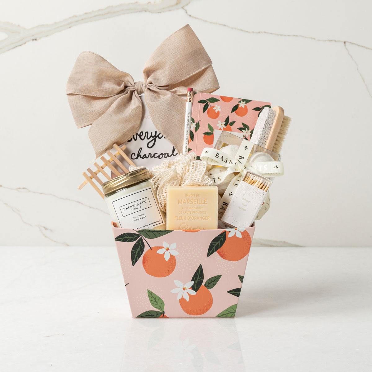 A gift basket full of self-care items