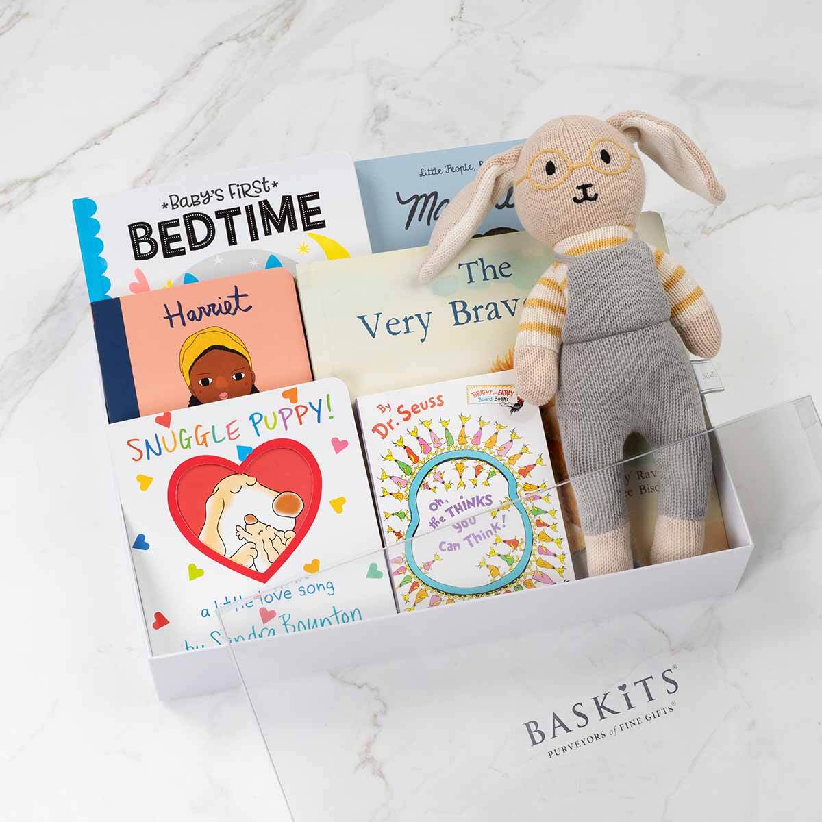 Gift box with children's books and a bunny doll